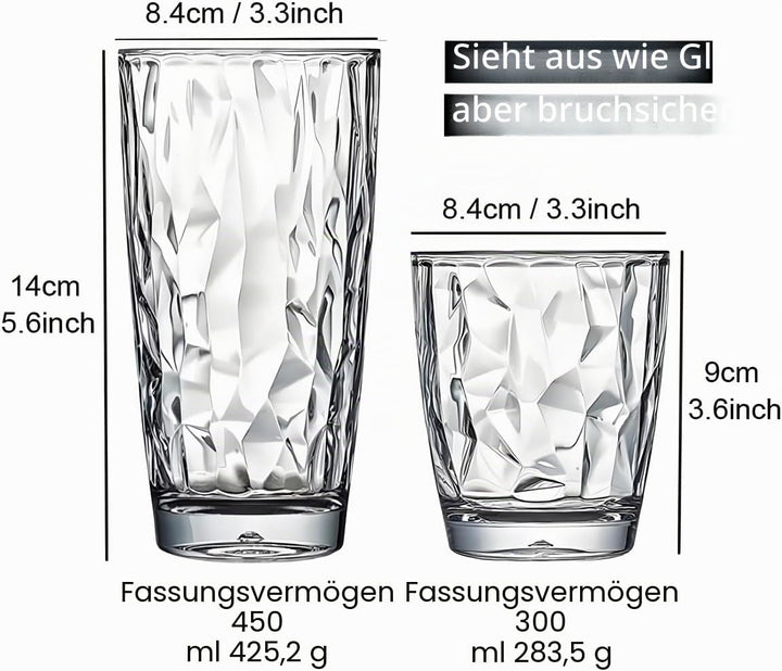 VeiledGem [aussehen wie Glas] 450 ml Set mit 6 Kunststoff-Trinkgläsern, spülmaschinenfest, BPA-frei,