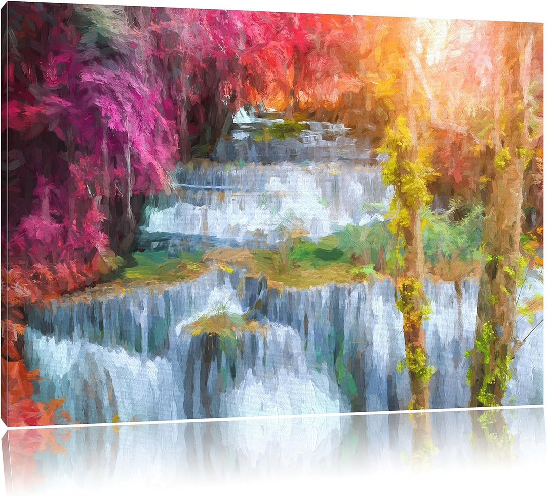 Pixxprint Wasserfall im Regenwald / 100x70cm Leinwandbild bespannt auf Holzrahmen/Wandbild Kunstdruc