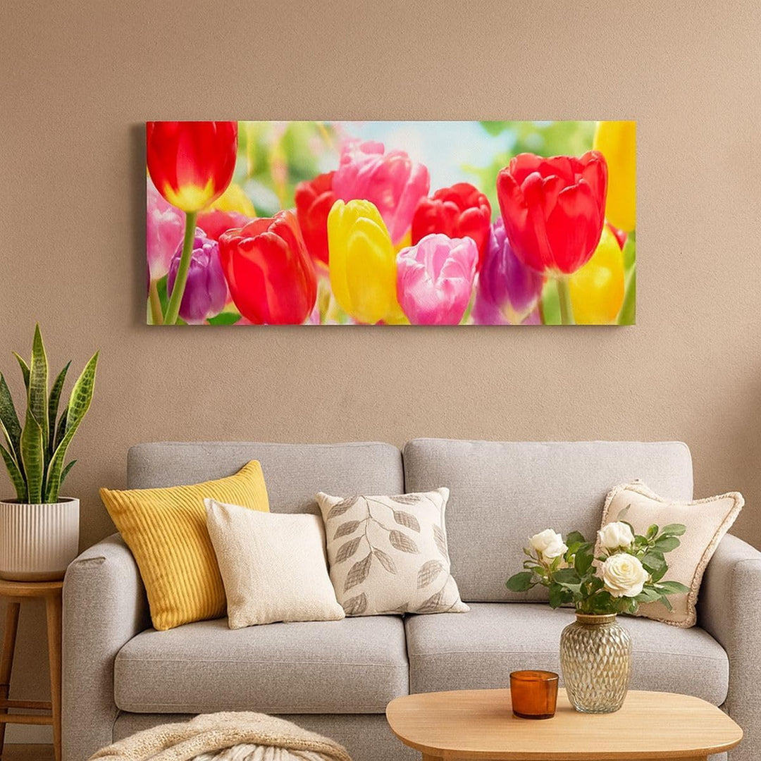 Wandbilder Dekoration Wohnzimmer Tulpe Blume Garten Plantage Panorama Bilder auf Leinwand 120x50cm L