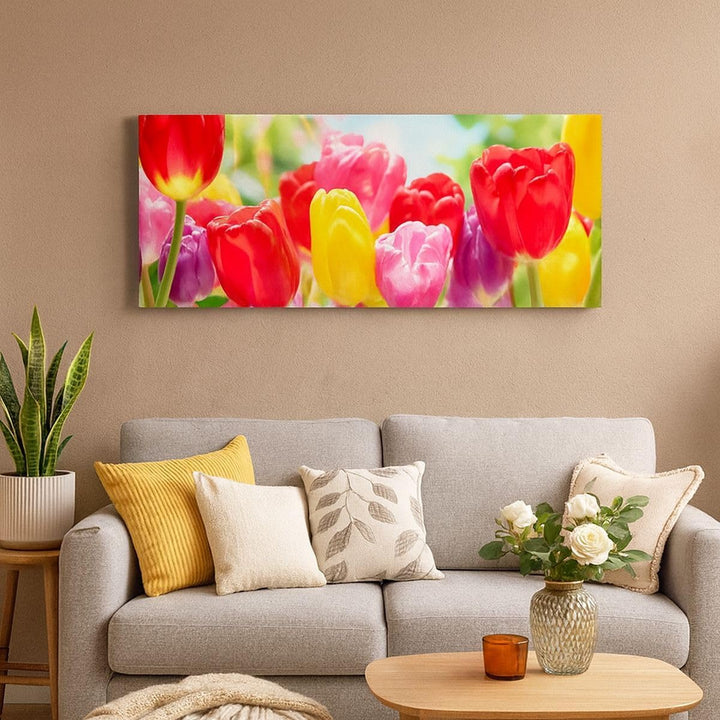 Wandbilder Dekoration Wohnzimmer Tulpe Blume Garten Plantage Panorama Bilder auf Leinwand 120x50cm L