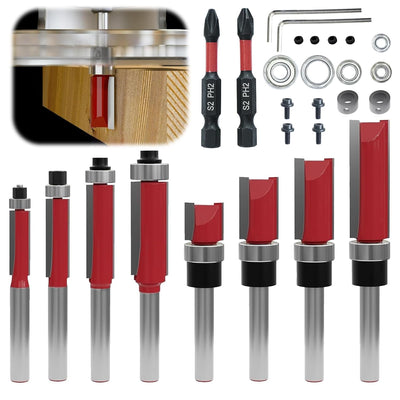 27 Stück 8mm Schaft Bündigfräser-Set, mit Schlagmagnet-Bits, Lager, Schraubenschlüssel, 8mm Schaftfr