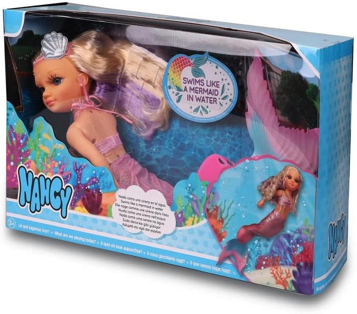 Nancy - Puppe mit beweglichem Meerjungfrauenschwanz, Haar mit Dochten und Zubehör, Wasserspielzeug,
