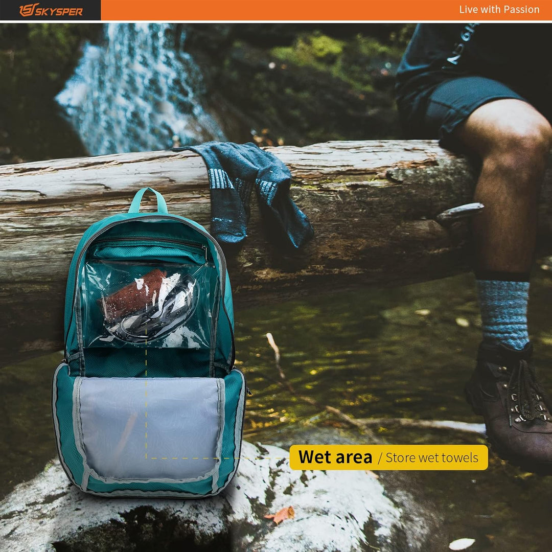 SKYSPER Ultraleichter Faltbarer Rucksack mit Nassfach - Wasserfest und Verstaubarer Daypack für Wand