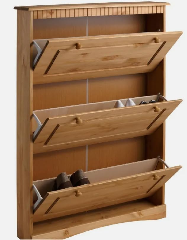 clever-moebel Schuhschrank aus Kiefernholz im Landhausstil Schrank Kommode (gelaugt, 3 Klappen) 18T