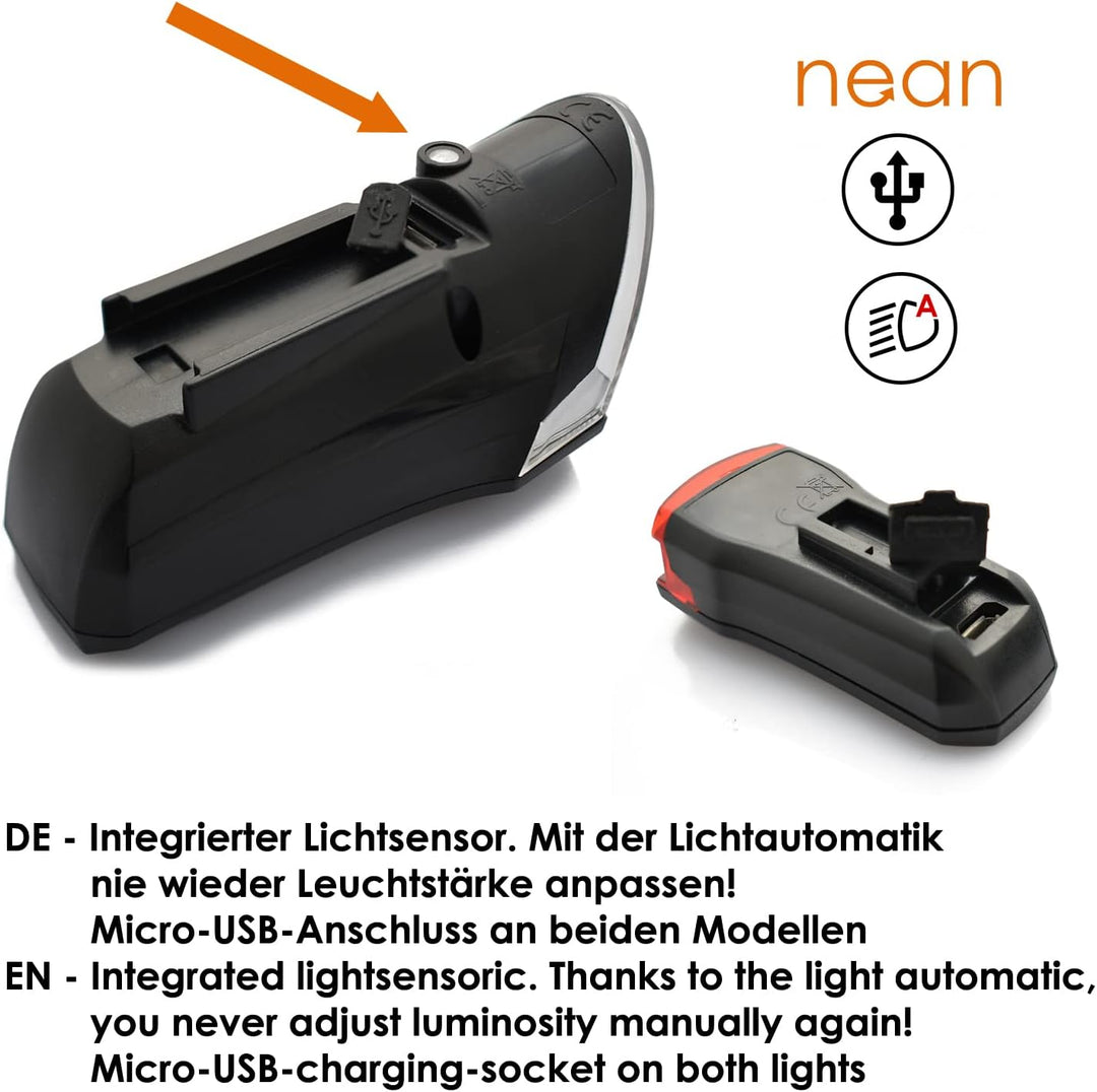 nean CREE LED Akku Fahrradlicht Beleuchtungsset mit Lichtautomatik und Bremslicht, 60 LUX, 6 cd, StV