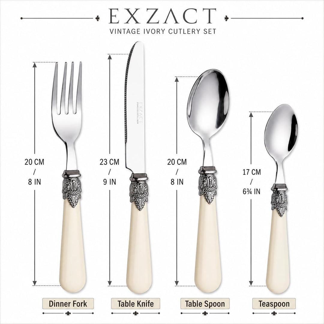 EXZACT Elfenbein Creme Besteck Set 24 Stück, Edelstahl mit detaillierten Griff, traditionelle, elega