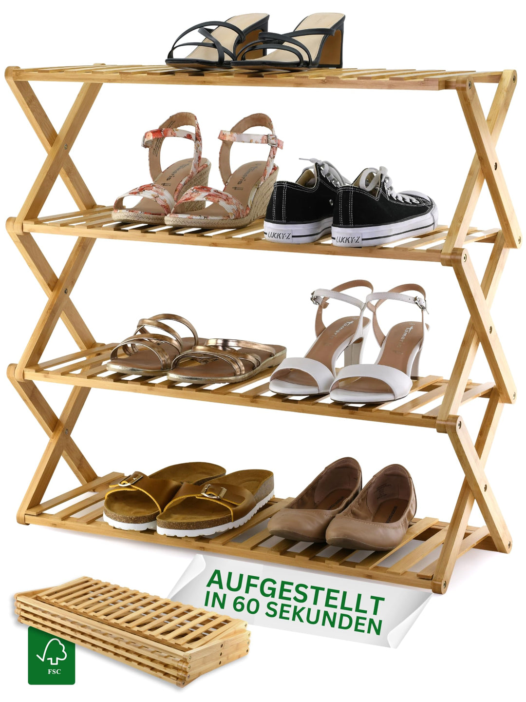 Felino® Schuhregal Schuhablage Organizer aus Bambus Holz offen | 70cm lang | Schuhorganizer offenes