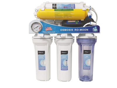 Depurtek | MOON75 6-Stufen Umkehrosmoseanlage | 75 GPD Membran | Überlastpumpe und Manometer | Remin