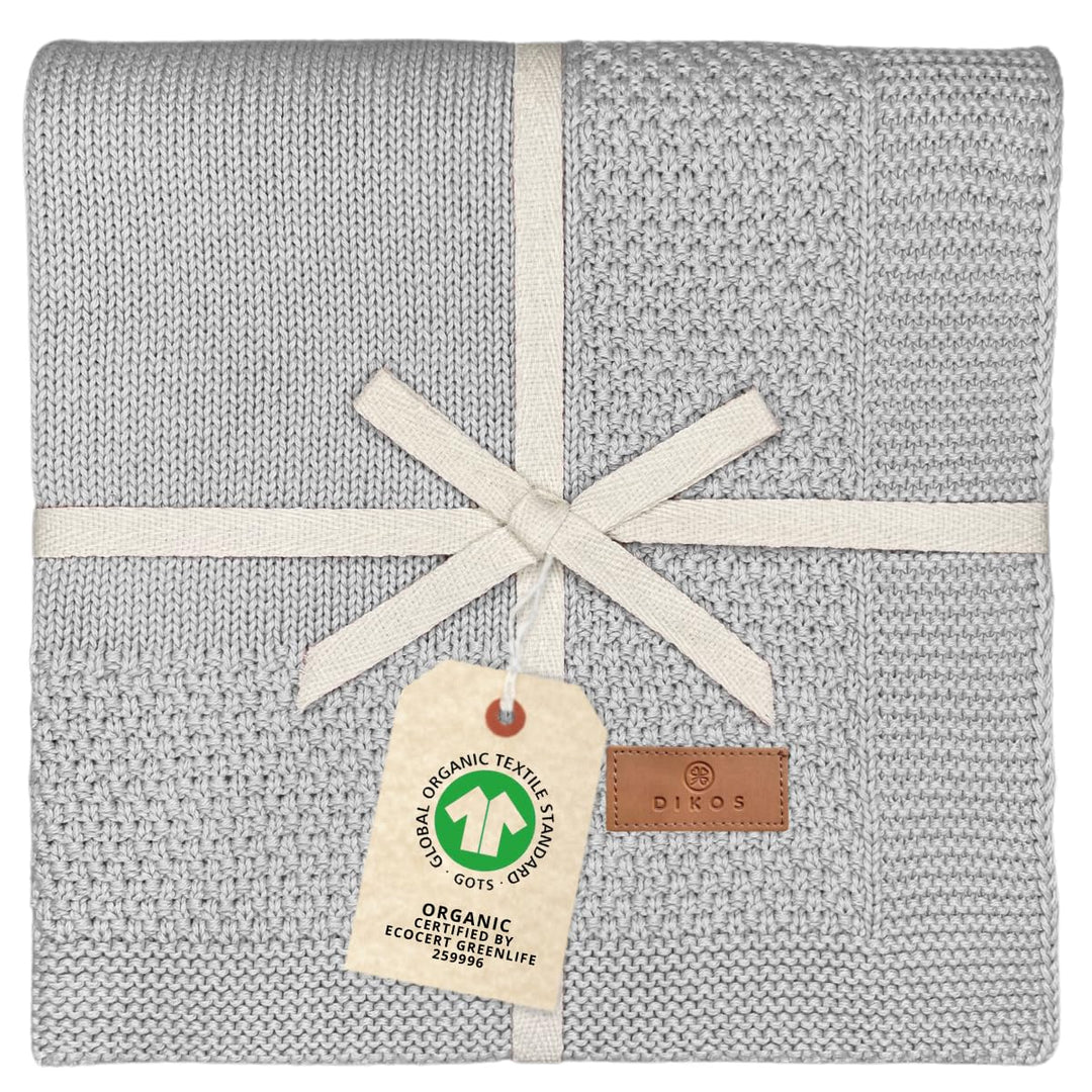 DIKOS® Babydecke aus *100%* GOTS Bio Baumwolle grau | Herbst/Winter Neugeborenen Baby Decke | Strick