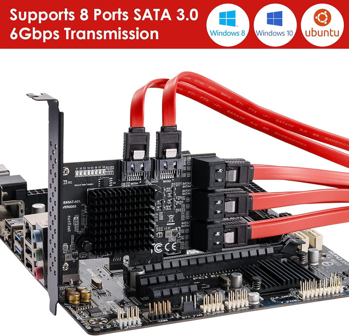 MZHOU SATA PCIE Karte,8 SATA Port ASM1064+575 3.0 PCIe Card with 8 SATA Cables 6 Gbit/s Controller E