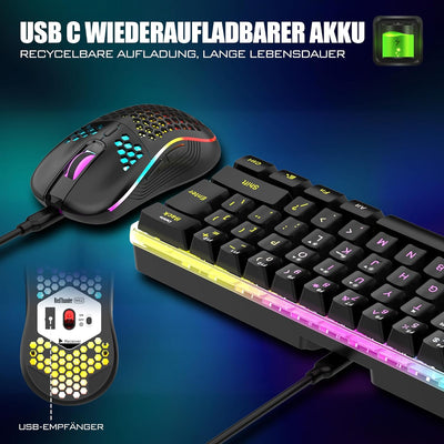 RedThunder K62 60% Kabelloses Gaming Tastatur und Maus Set, QWERTZ DE Layout, Wiederaufladbare Kompa