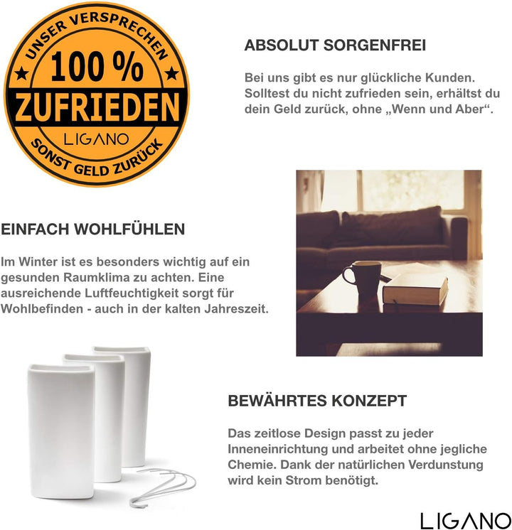 Ligano® Heizkörper Luftbefeuchter weiss – Keramik Wasserverdunster für die Heizung – 3 Stück