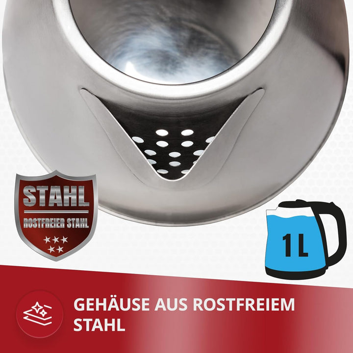 MPM MCZ-84M Elektrischer Wasserkocher, 1600 W, 1 Liter, 0 Dezibel, Edelstahl, silber, 1L Rostfreier