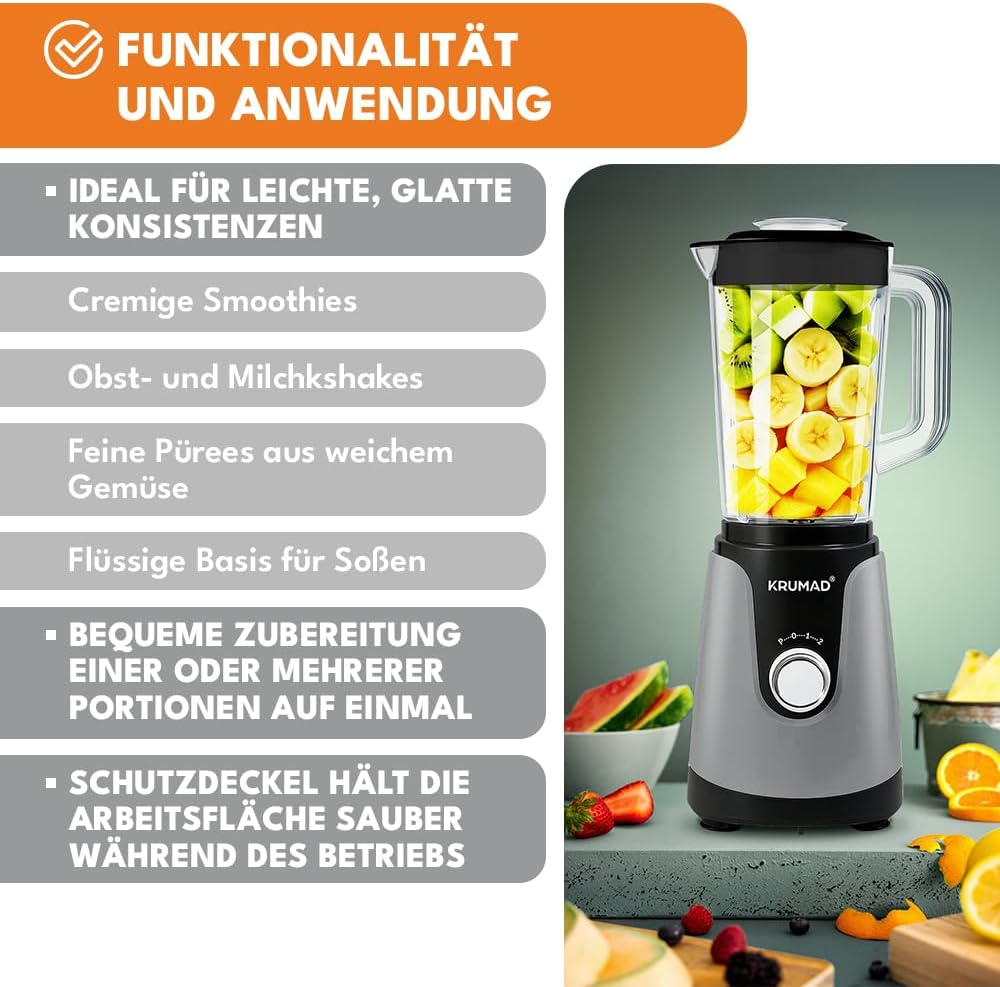 Standmixer 1200W – Hochleistungsmixer mit 1,2 L Tritan-Behälter, 2 Geschwindigkeiten & Pulsfunktion