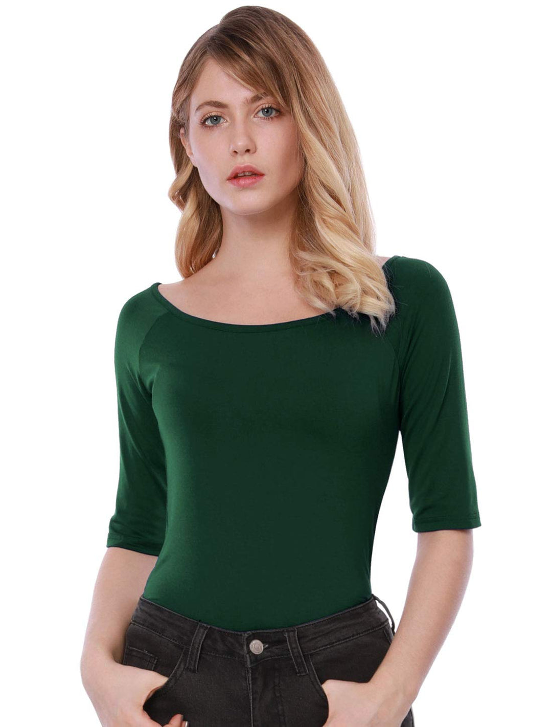 Allegra K Damen Halbarm Bluse T-Shirt Rundhals Slim Fit Einfarbig Oberteil XL Olivgrün, XL Olivgrün
