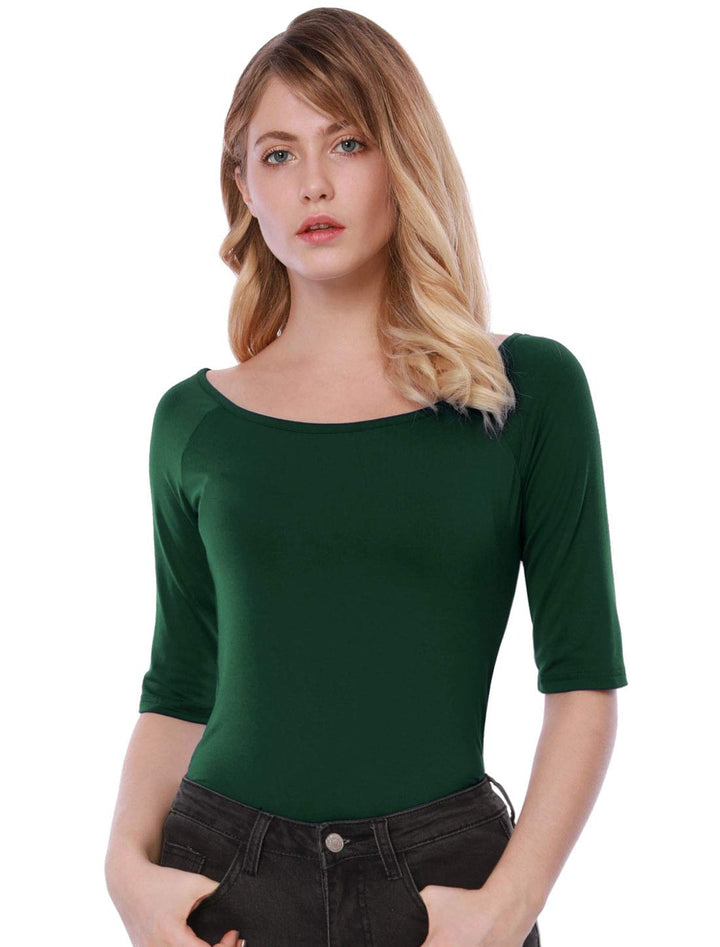 Allegra K Damen Halbarm Bluse T-Shirt Rundhals Slim Fit Einfarbig Oberteil XL Olivgrün, XL Olivgrün
