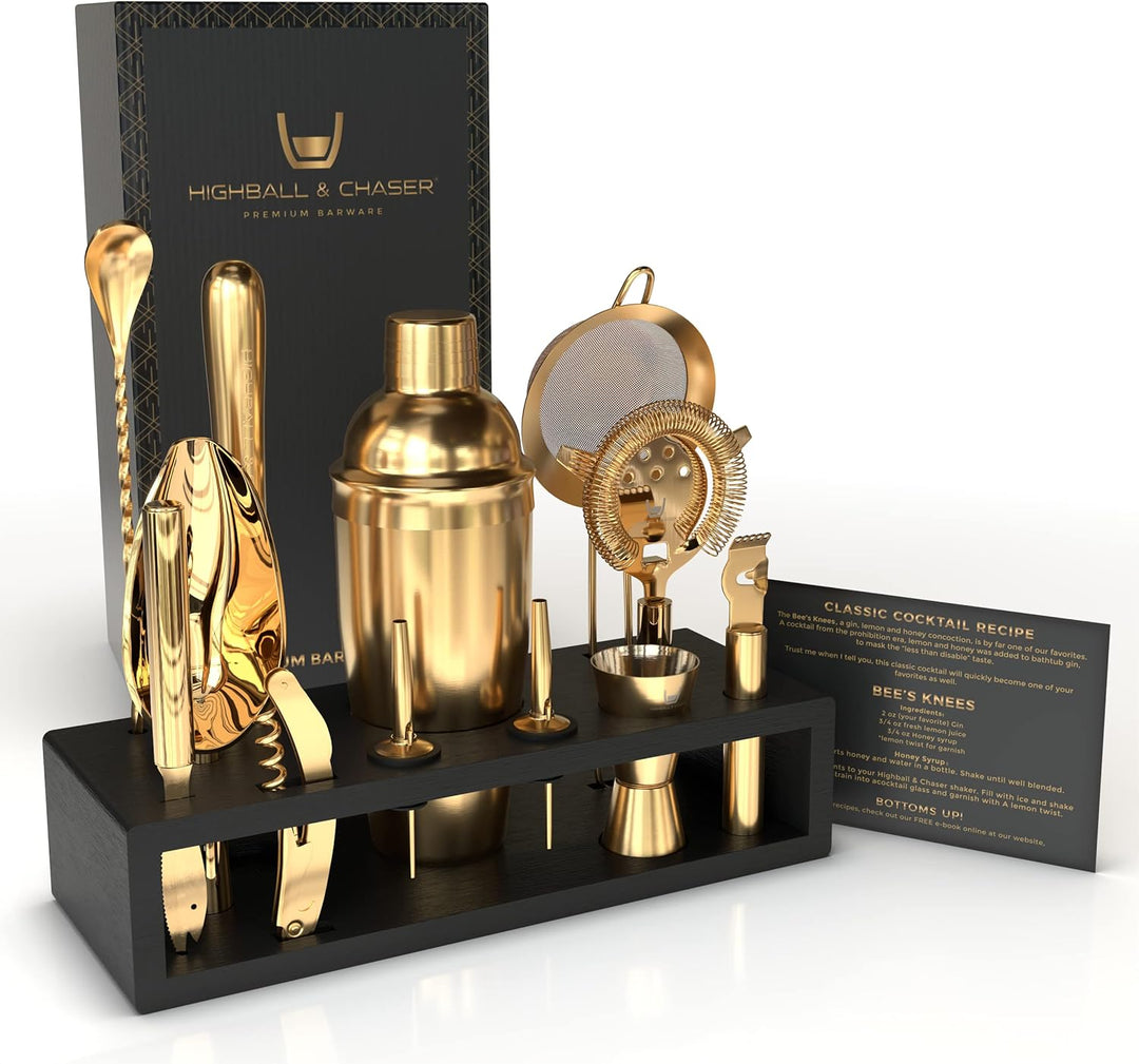 Highball & Chaser Barkeeper-Set mit Espresso-Bambusständer. Schönes Cobbler-Cocktail-Shaker-Set mit