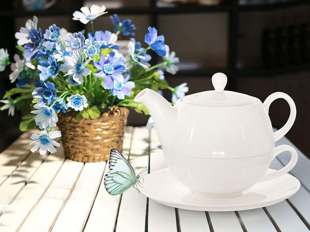 Tea for One mit Sieb Lena 500ml aus Crystal Bone China Porzellan in weiss. Teekanne + Teetasse + Unt