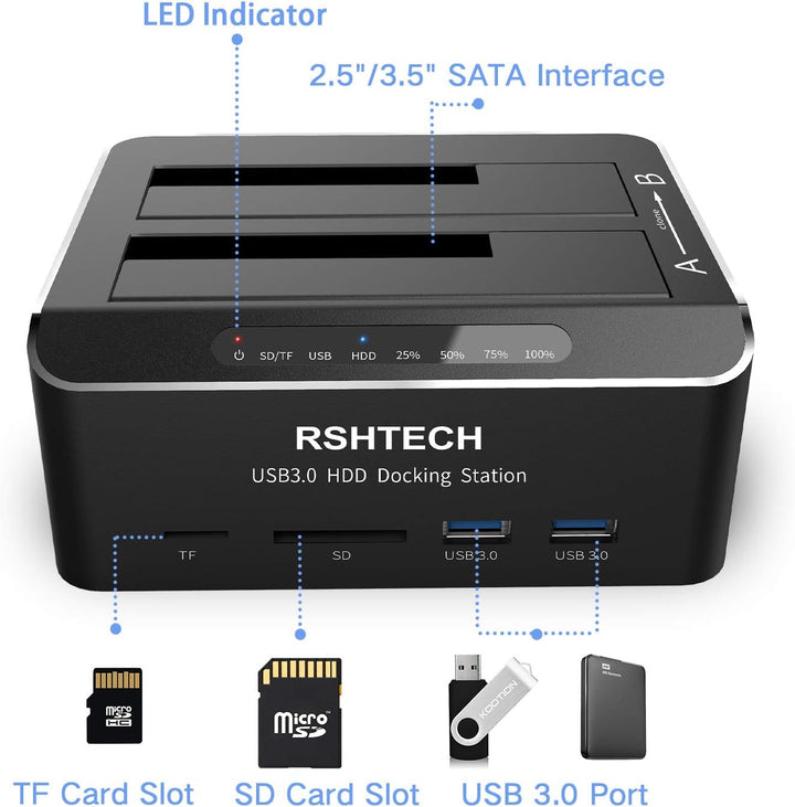 Dualschacht Festplatten Docking Station, RSHTECH USB 3.0 Aluminium Festplatten Dockingstation Offlin