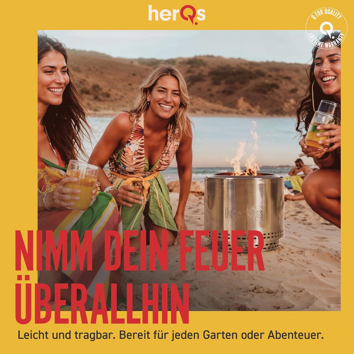 herQs Blaze Feuerschale Rauchfrei – Tragbarer Feuerschale Edelstahl für Garten, Camping & Terrasse –