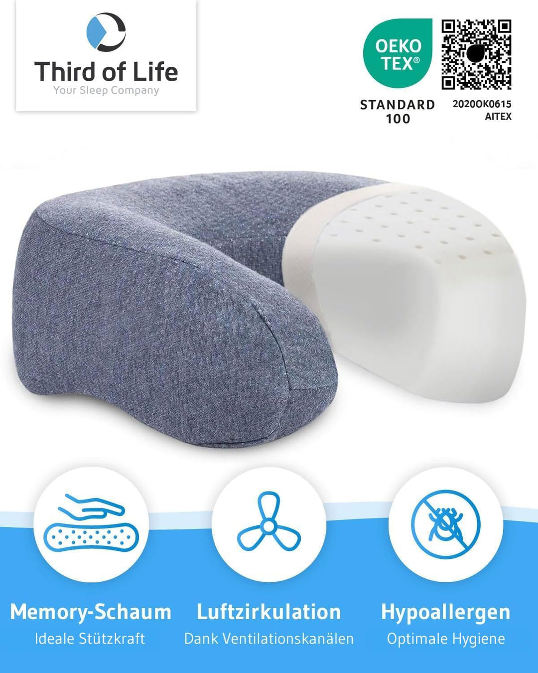 Nackenkissen ANDAR Quick-Dry | Ergonomisches Reise-Kissen mit schnell trocknendem Bezug & Memory-Foa