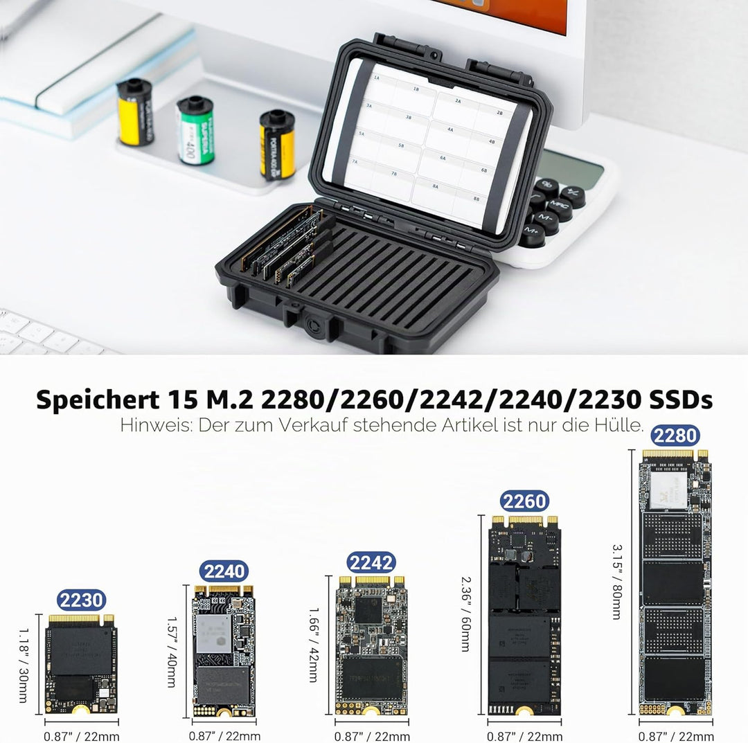 15 Slots M.2 2280/2260/2242/2240/2230 Speichergehäuse, Wasserdichtes und stossfestes M.2 SSD Case mi