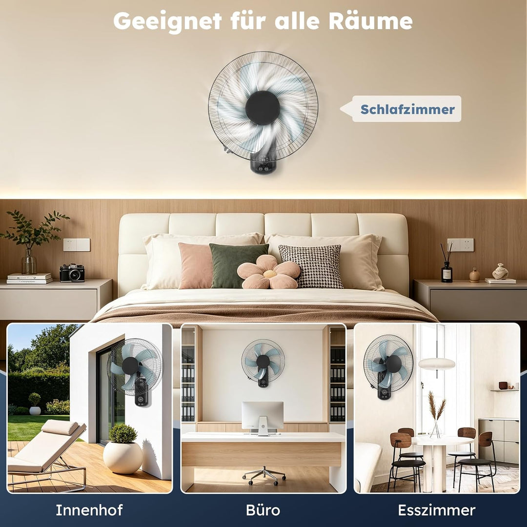 Wandventilator mit Fernbedienung, 40 cm Wand Ventilator mit 3 Geschwindigkeiten, Oszillation 90° & T