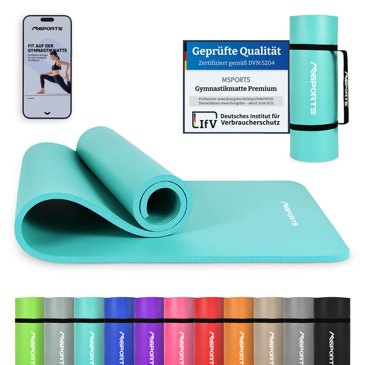 MSPORTS Gymnastikmatte Premium inkl. Tragegurt + Übungsposter + Workout App I Hautfreundliche Fitnes