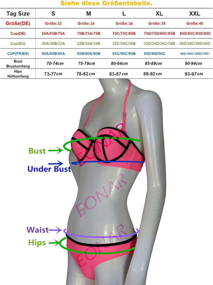 Damen Seitlich Gebunden Bikini Sets Abnehmbar Bademode Push up Bikinioberteil mit Nackenträger M Mb,