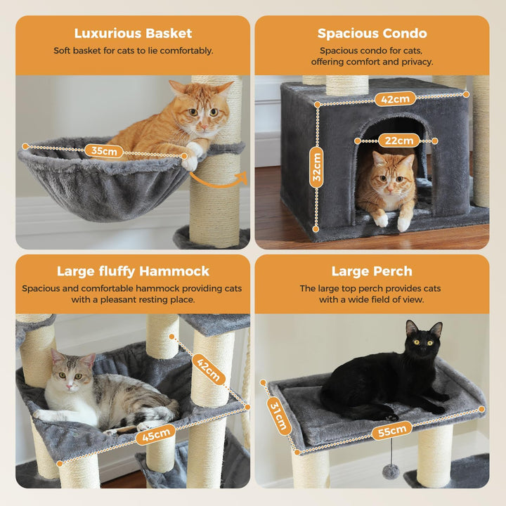 PAWZ Road Kratzbaum Grosse Katzen stabil mit Mehreren Ebenen, Hängematte,13 Sisalpfosten(φ11cm), Gro