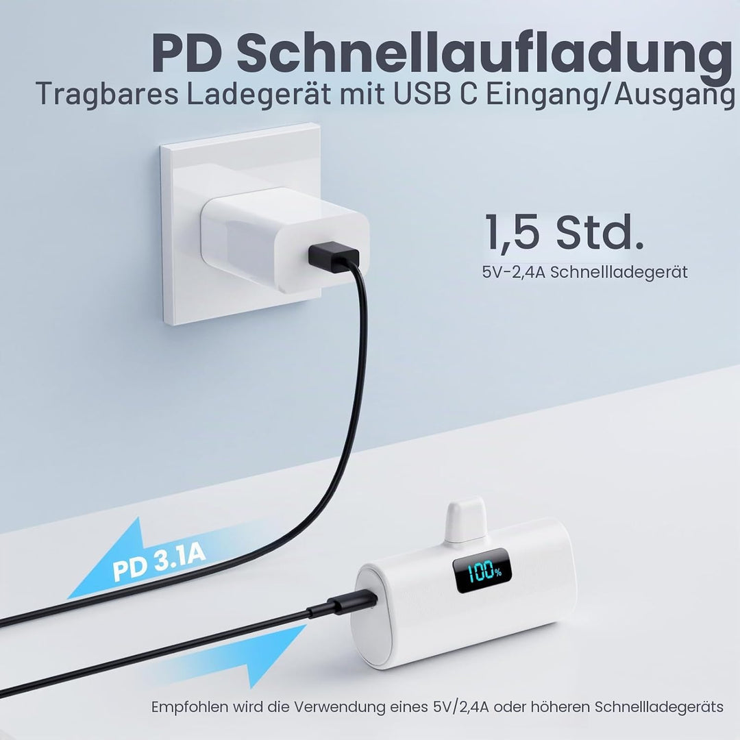 Mini Powerbank 5200mAh für iPhone, Klein Power Bank 20W PD 4.0A Schnellladefunktion Externer Akku, C