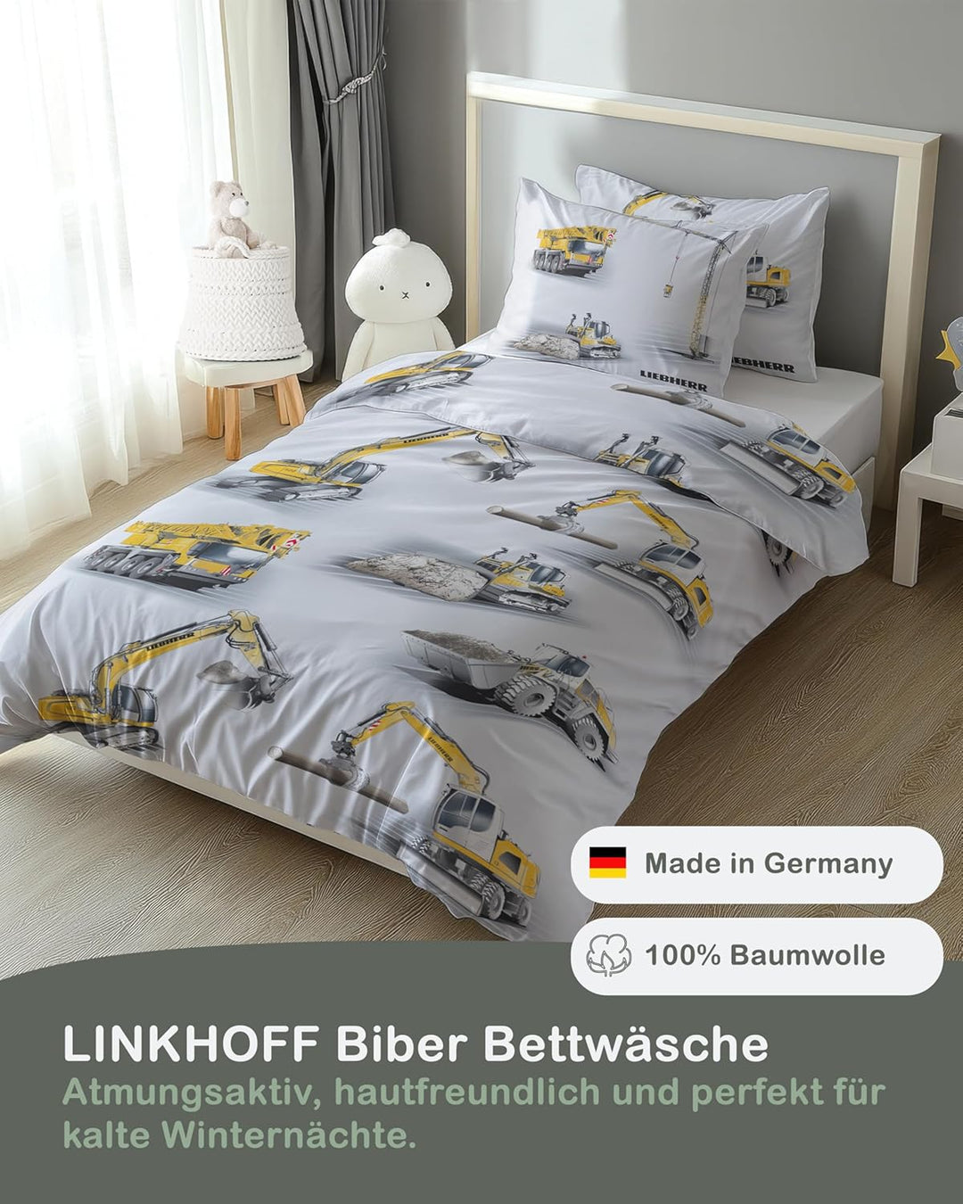 Bagger Bettwäsche 135x200 2teilig - Kinderbettwäsche 135x200 Jungen mit Baustellenmotiven - LIEBHERR
