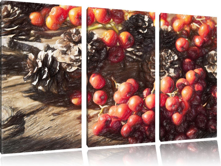 Pixxprint Vogelbeeren und Tannenzapfen / 3-Teilig/Gesamtmass 120cm Leinwandbild bespannt auf Holzrah