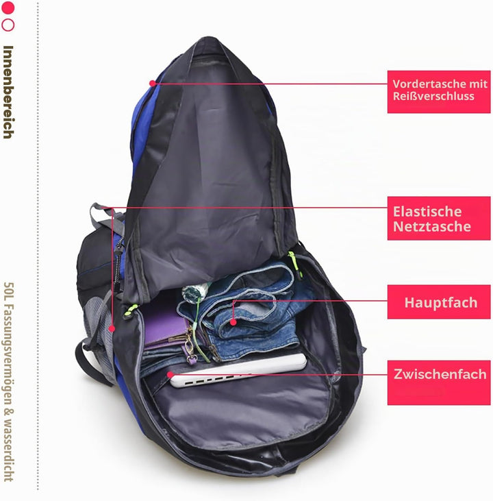Bseash 50L Leichter wasserfester Wanderrucksack, Outdoor Sport Tagesrucksack Multifunktions Reisetas