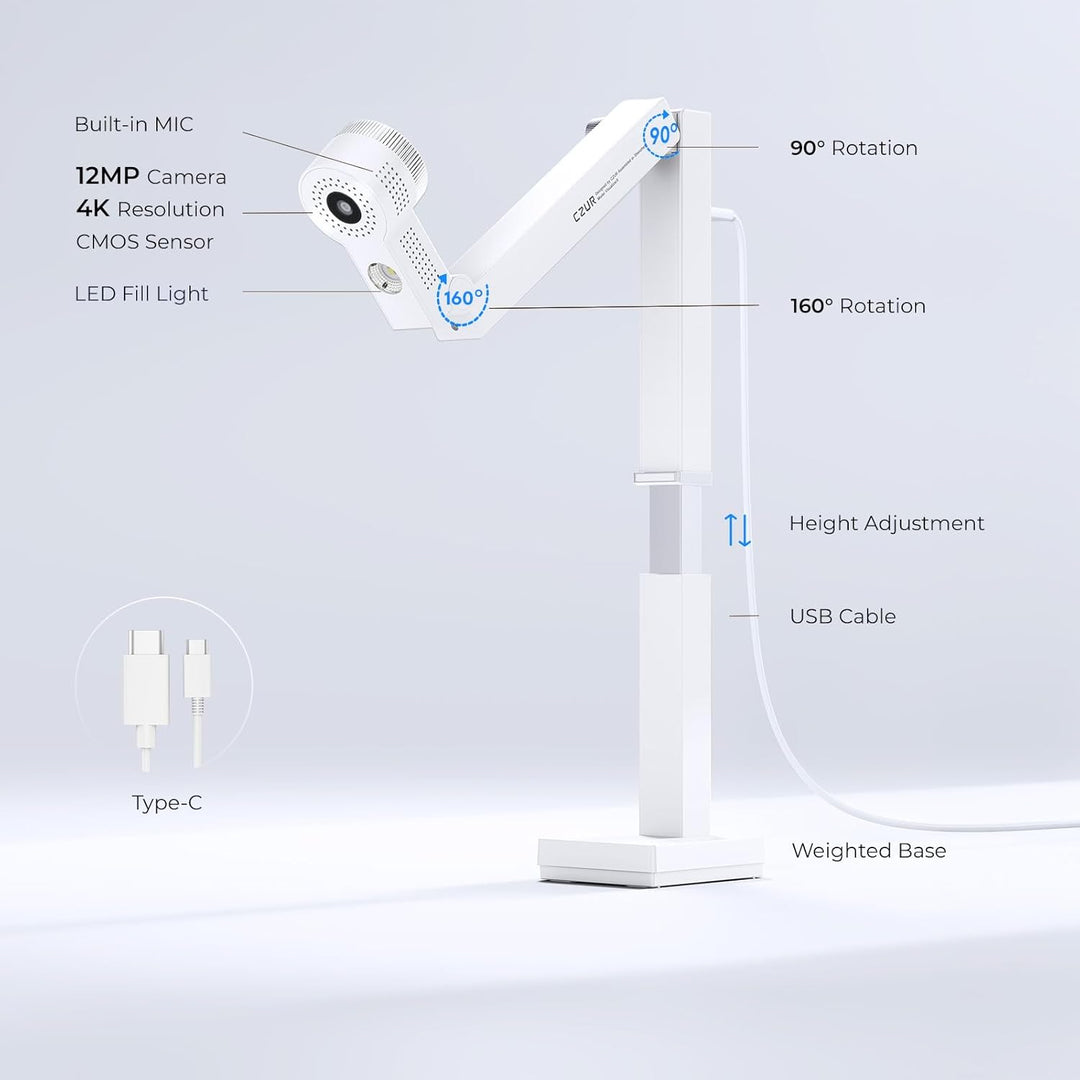 CZUR Fancy S Pro 4K USB-Dokumentenkamera, 12MP Webcam mit LED-Licht und Mikrofon, bis zu 60 fps, Aut