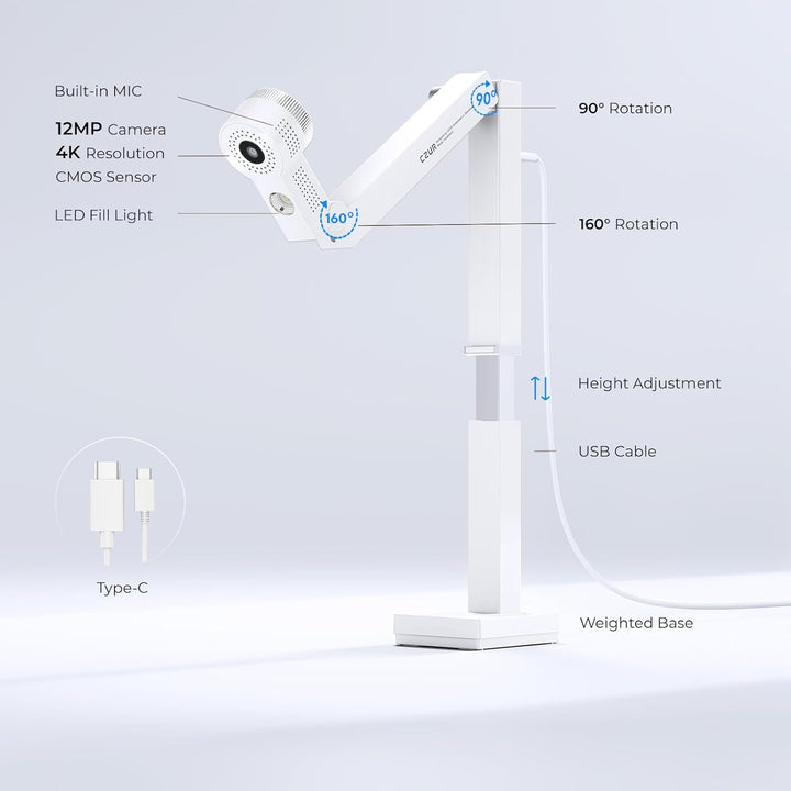 CZUR Fancy S Pro 4K USB-Dokumentenkamera, 12MP Webcam mit LED-Licht und Mikrofon, bis zu 60 fps, Aut