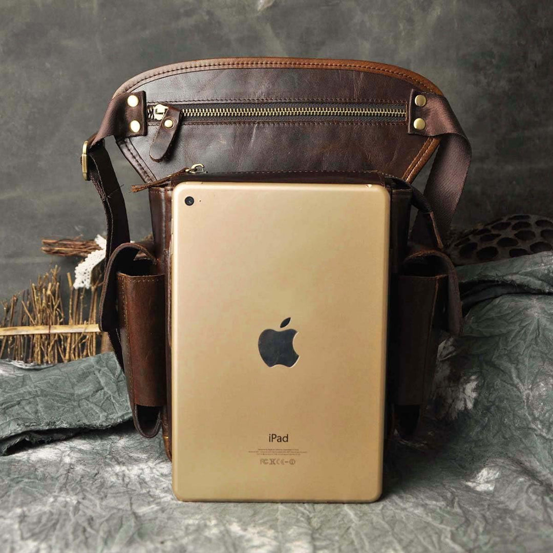 Le'aokuu Herren Echtes Leder Hüfttasche Gürteltasche Bauchtasche Reissverschluss Motorrad Messenger