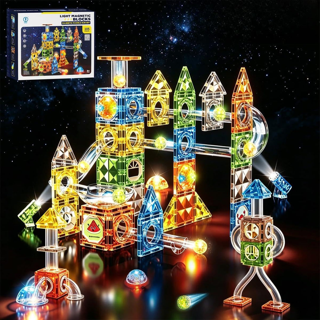 VICTERR Magnetische Bausteine Montessori Spielzeug 105 Teile mit LED & Kugelbahn – STEM Montessori S