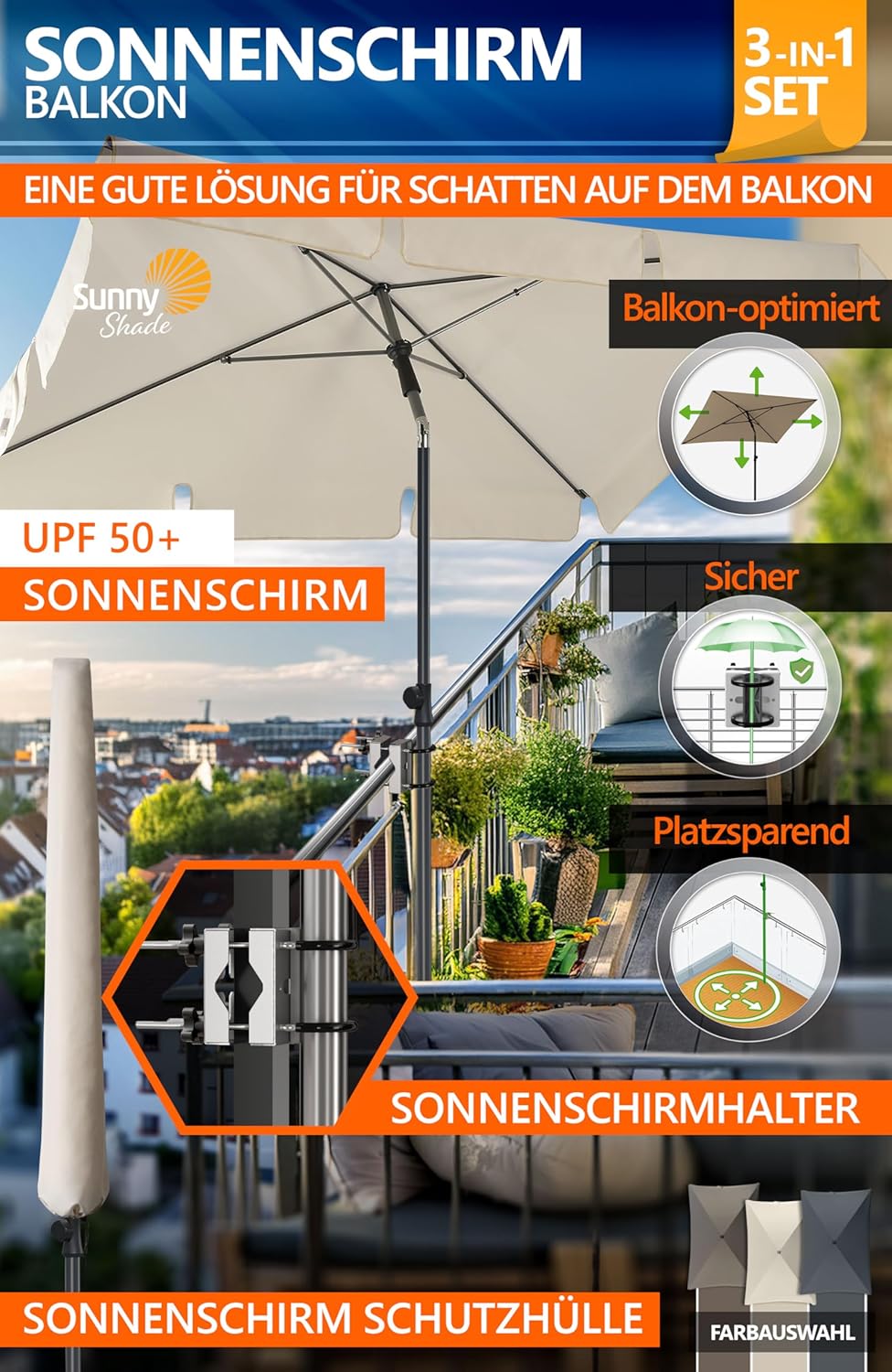 4smile Sonnenschirm Balkon SunnyShade - Sonnenschutz Balkon 3-in-1 SET, Sonnenschirm rechteckig 200