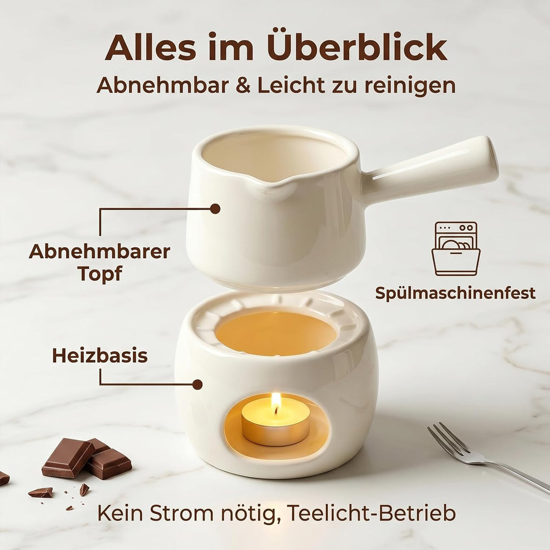 Mini Fondue, Schokofondue mit Griff, Keramik Schokoladenfondue für Schokolade, Käse - Geschenke für