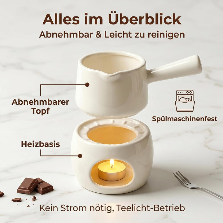 Mini Fondue, Schokofondue mit Griff, Keramik Schokoladenfondue für Schokolade, Käse - Geschenke für