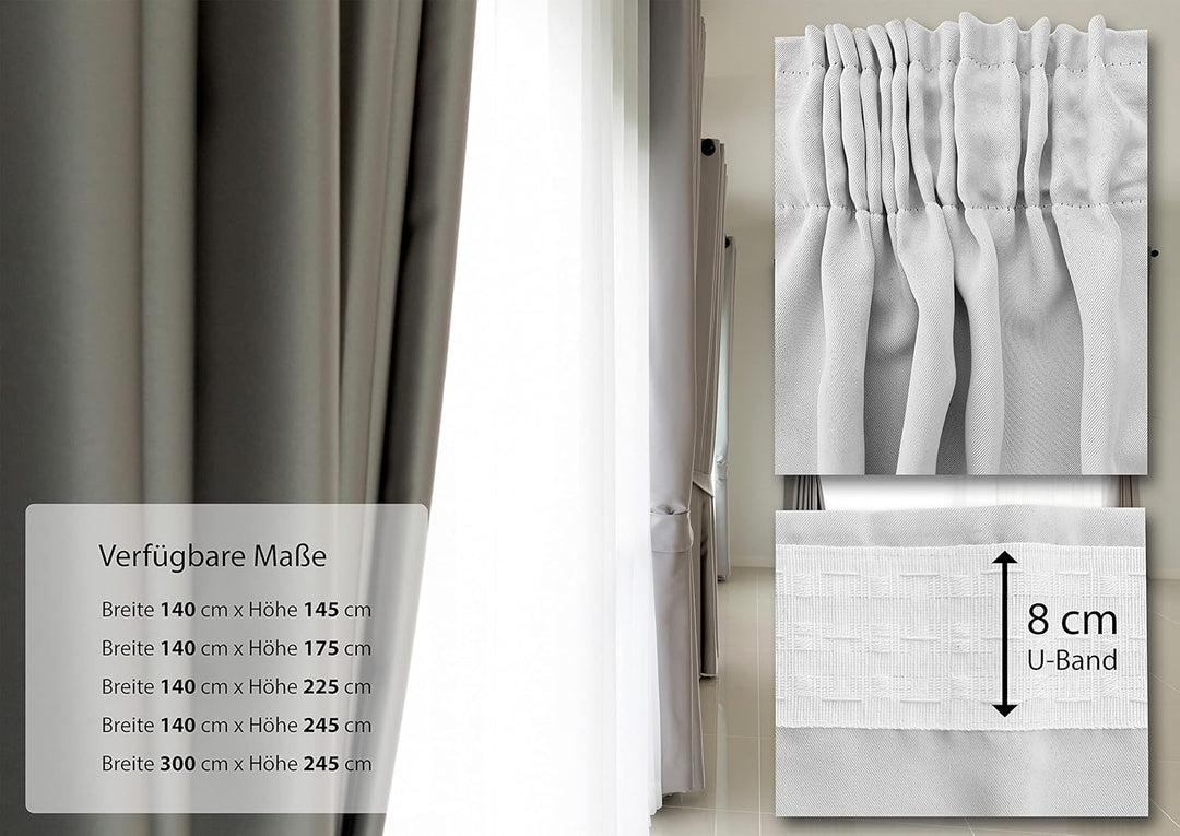 BEAUTEX 2er Set Kräuselband Verdunkelungsvorhang mit U-Band, Gardinen abdunkelnd und Blickdicht (B=1
