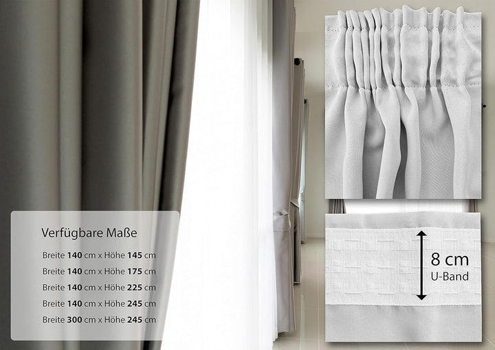 BEAUTEX 2er Set Kräuselband Verdunkelungsvorhang mit U-Band, Gardinen abdunkelnd und Blickdicht (B=1