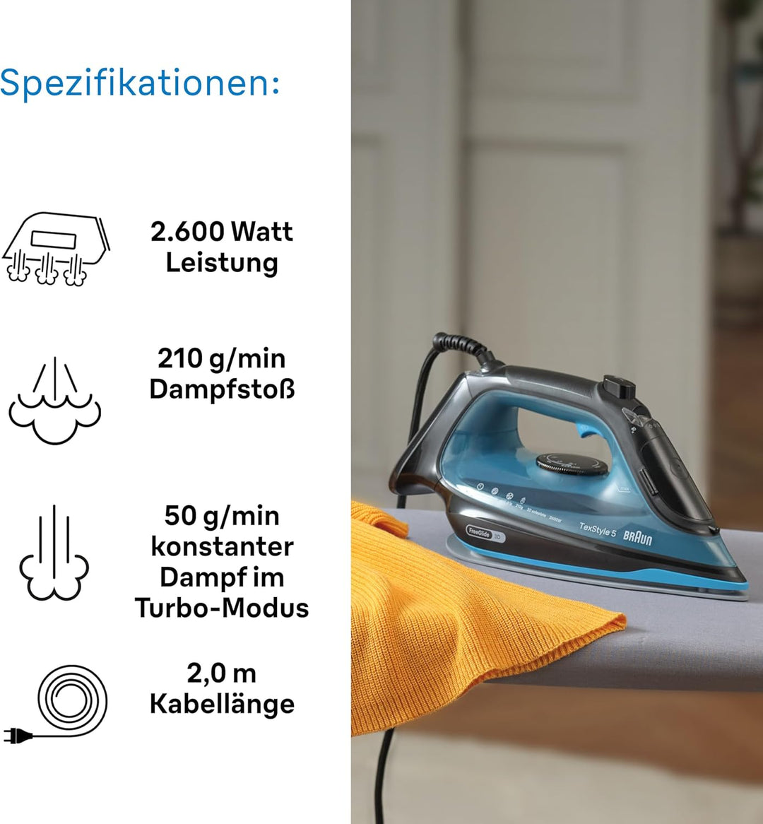 Braun Household TexStyle 5 SI5256 BL Dampfbügeleisen mit FreeGlide 3D Bügelsohle, Präzisionsspitze,