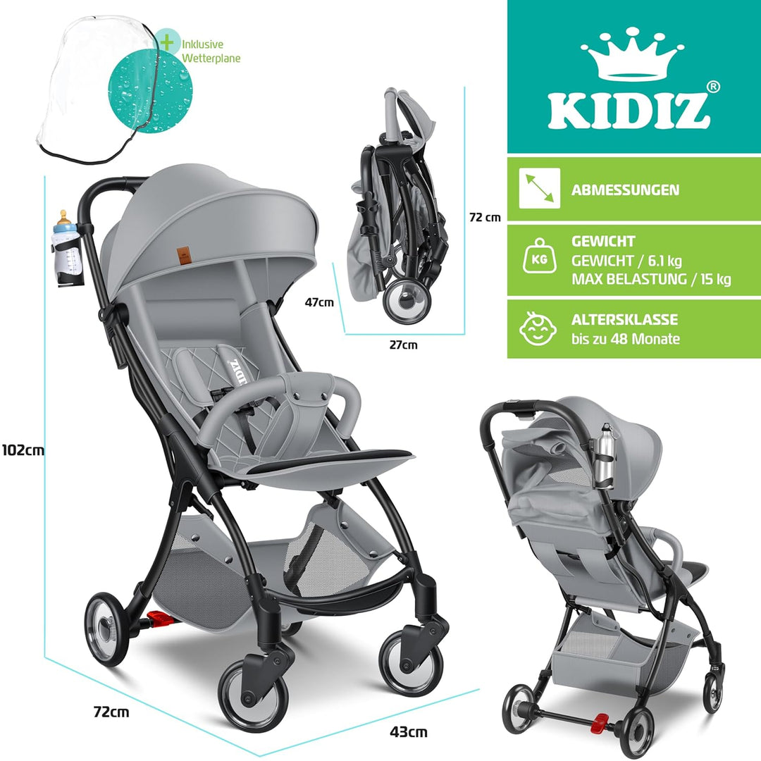 KIDIZ® Kinderwagen Premium Kinderbuggy klappbar Liegebuggy Sportwagen Faltbar 360°Räder 5-Punkt Gurt