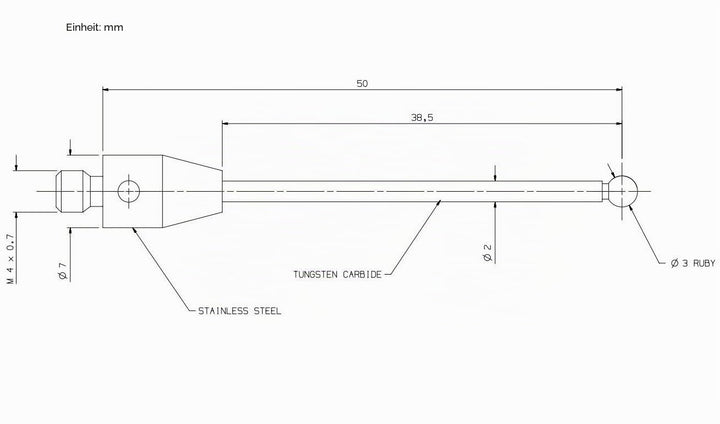 Tastereinsätze für taktile Messtaster,Gewinde M4, Rubinkugel Ø3mm, Hartmetallschaft, Länge 50 mm A-5