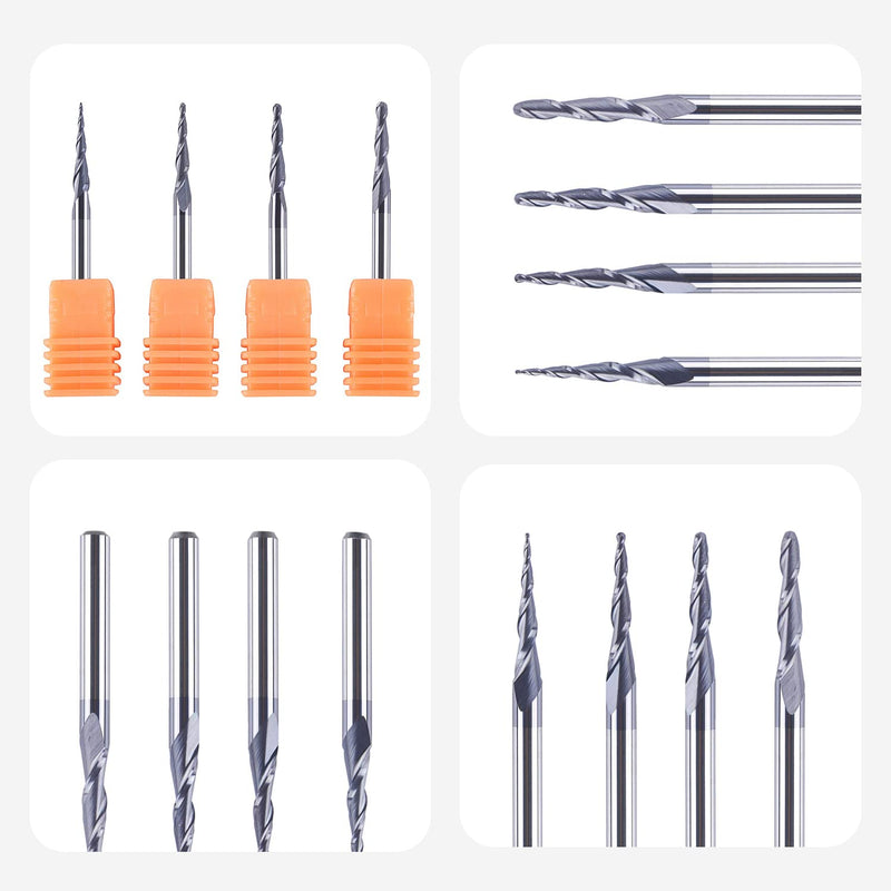 SpeTool 4 Stück 2 Flöten Kugelkopffräser mit Konischer Spitze Fräser CNC Gravierfräser R0,25mm-1,0mm