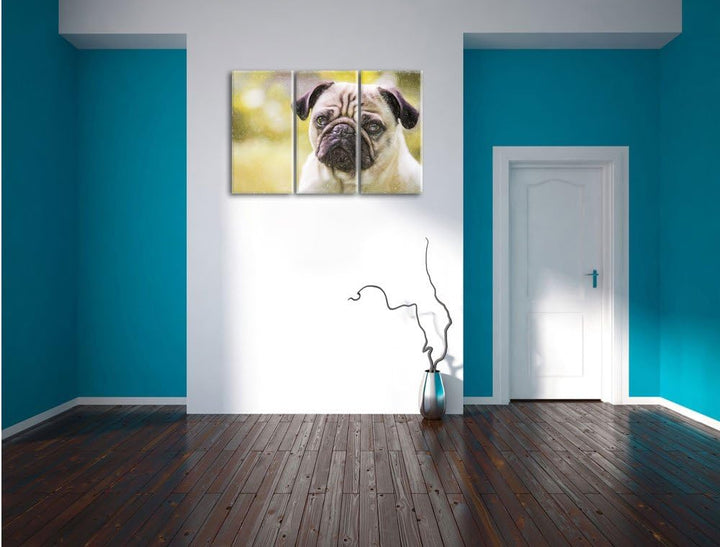 Pixxprint Mopsporträt Kunst Buntstift Effekt als Leinwandbild/Grösse: 3 Teilig (120x80) / Wandbild/K