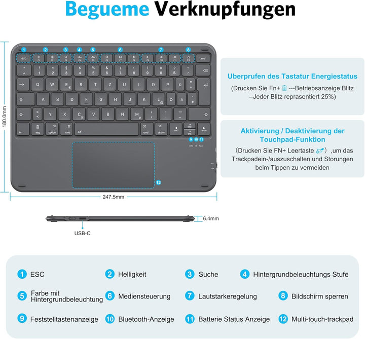 Emetok Deutsche Bluetooth Tastatur für iPad 11(11.Gen)/10.9(10.Gen)/10.2(9-7.Gen)/Pro 13/11/12.9, QW