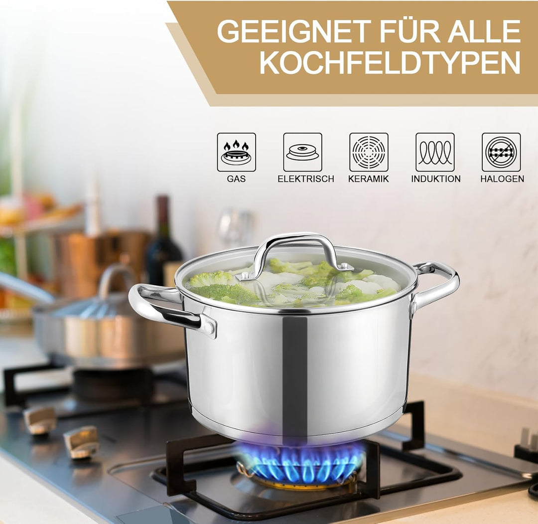 Onader 20cm Kochtopf, 3-Lagiger Boden Edelstahl Topf Induktion mit Glasdeckel, 3,7L nudeltopf Suppen